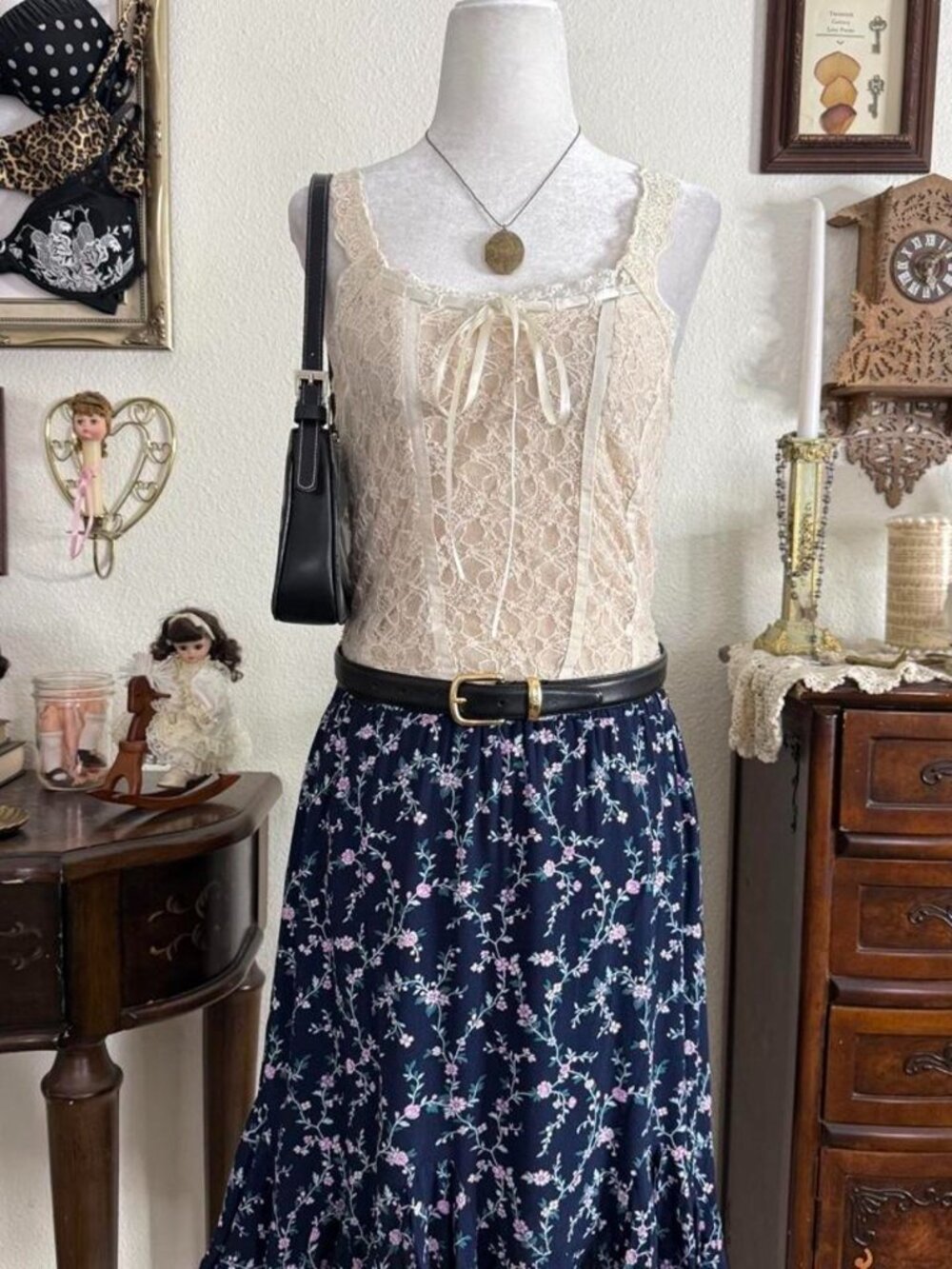 Cottagecore whimsical floral navy blue ruffled midi skirt
